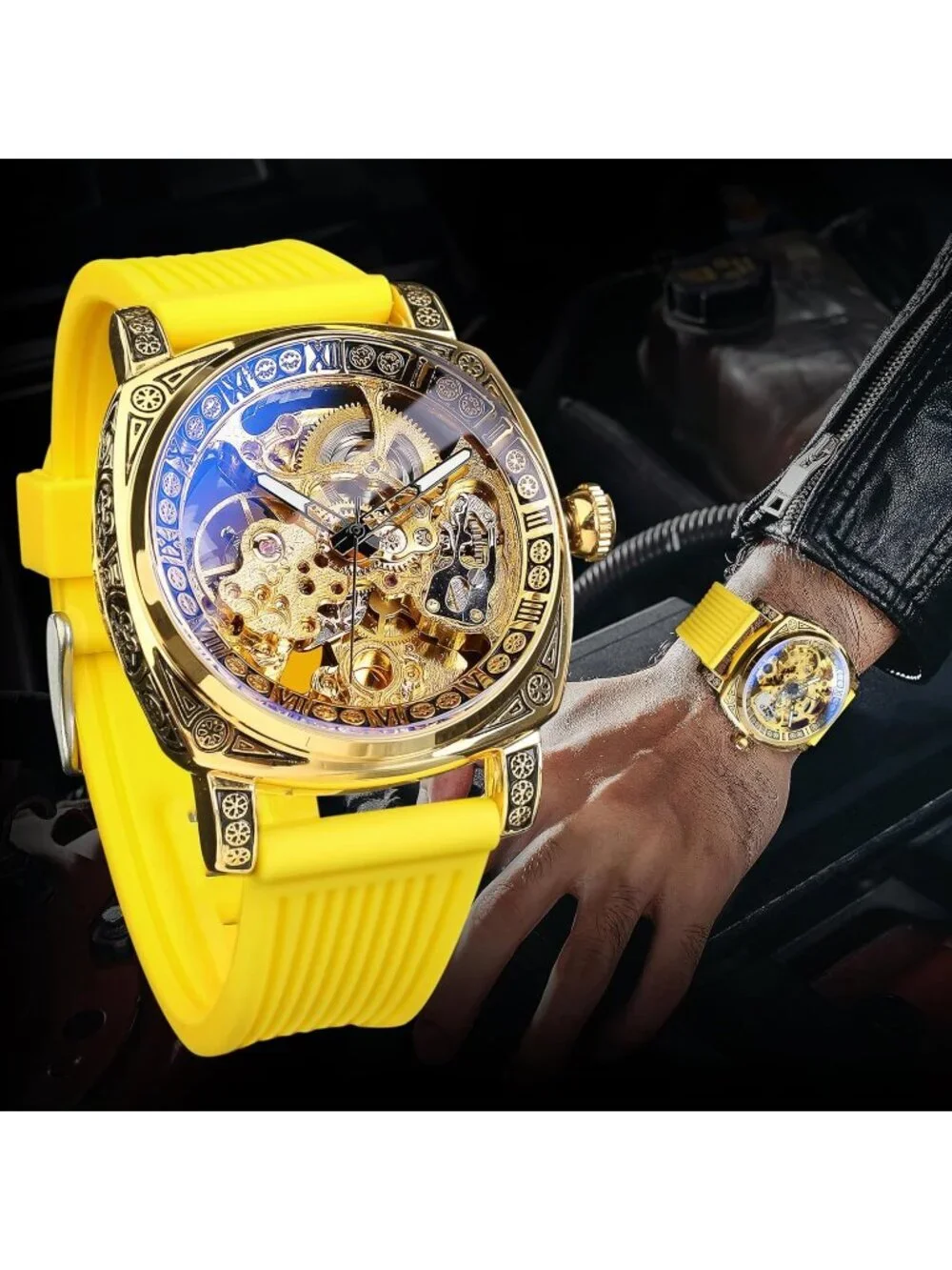 Men's Yellow Square Mechanical Rubber Strap Self-Wind Carved Automatic Watch
